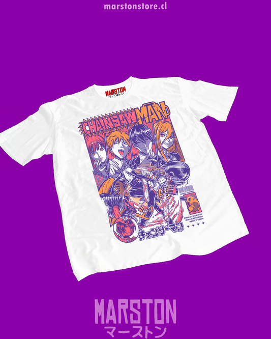 Polera blanca Chainsaw Man con Denji, Reze, Makima, Power y Aki Hayakawa