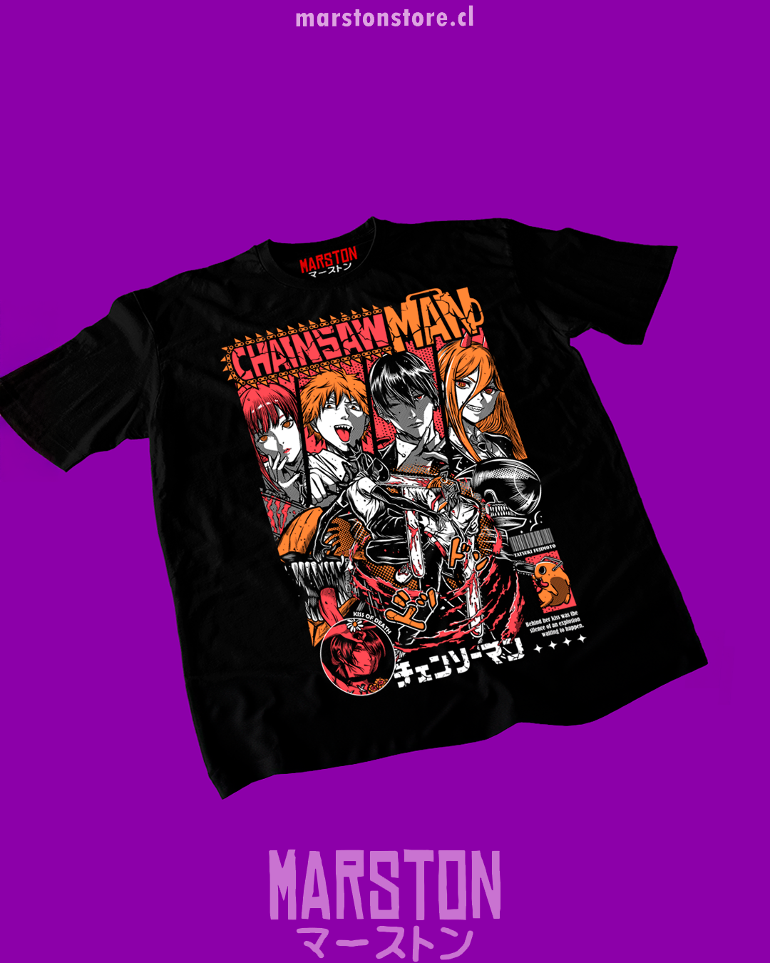 Polera negra Chainsaw Man con Denji, Reze, Makima, Power y Aki Hayakawa