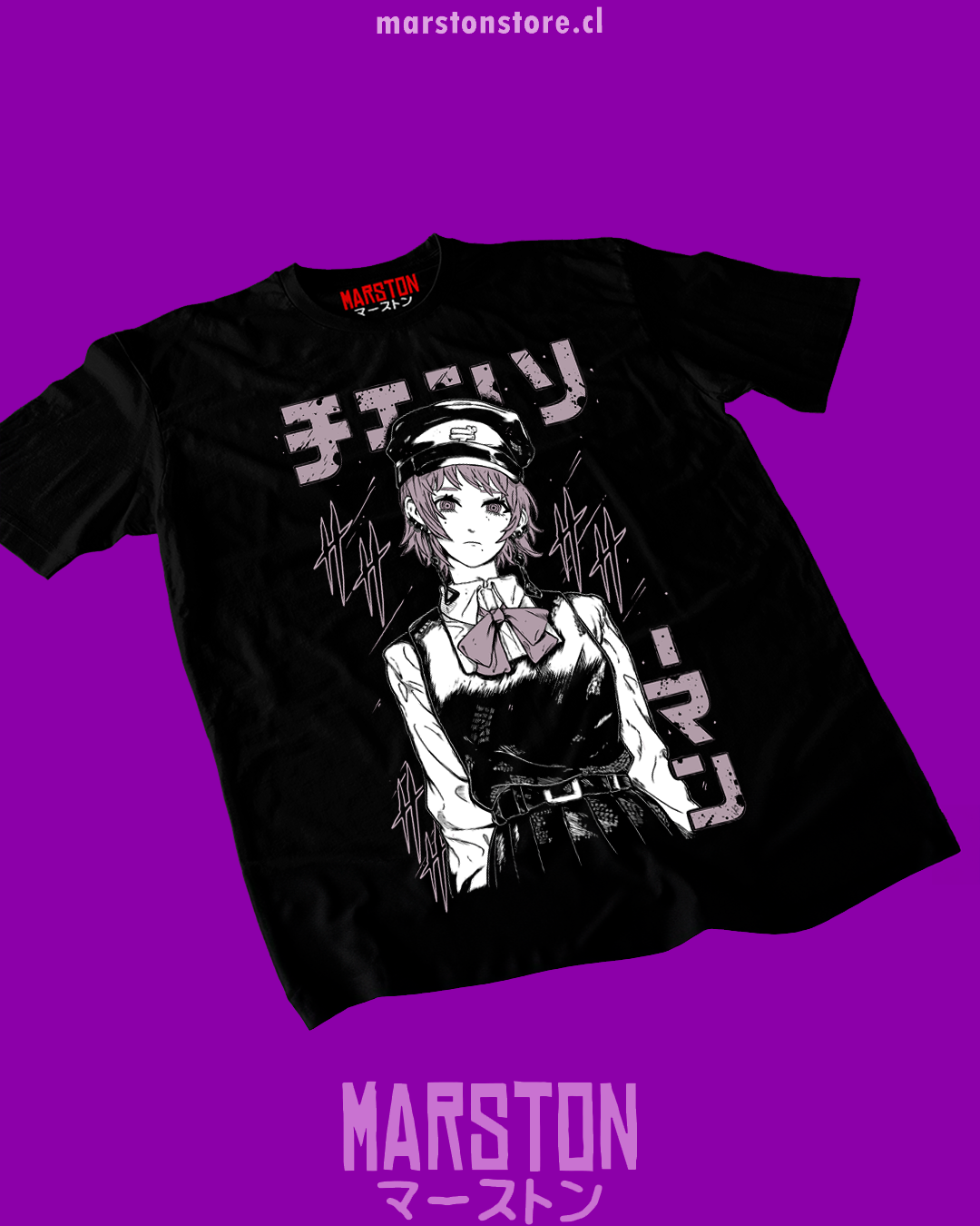 Polera negra Chainsaw Man con diseño de Fami