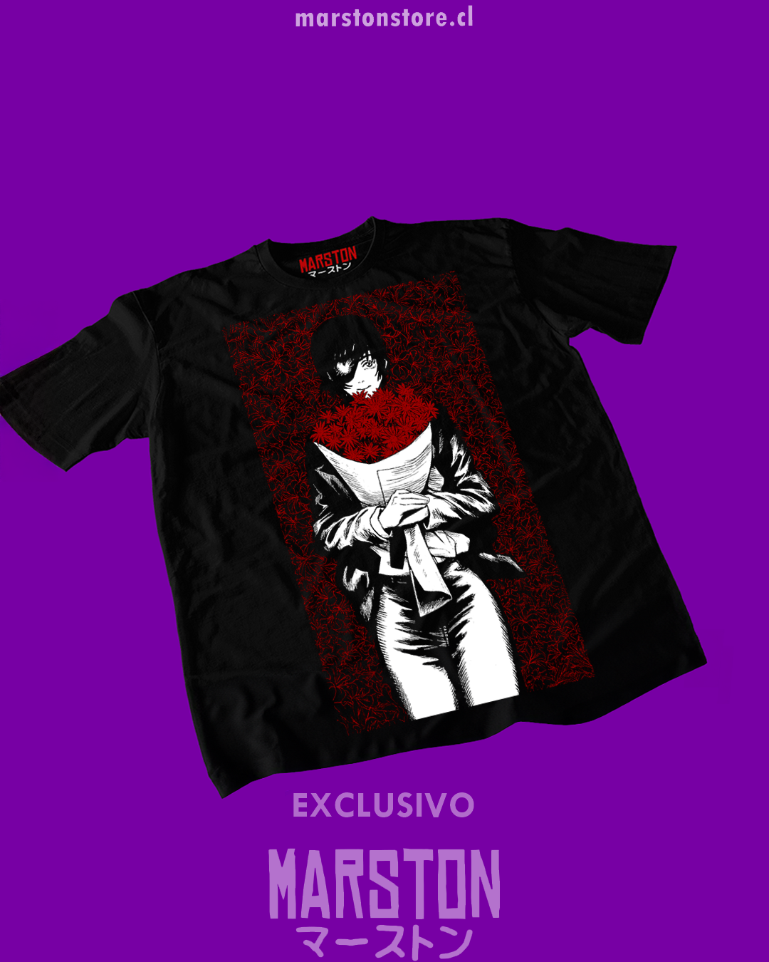 Polera negra Chainsaw Man con diseño de Himeno