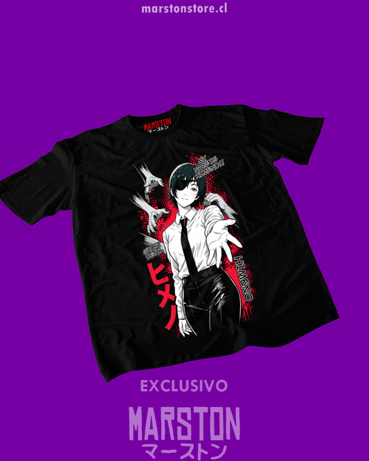 Polera negra Chainsaw Man con diseño de Himeno
