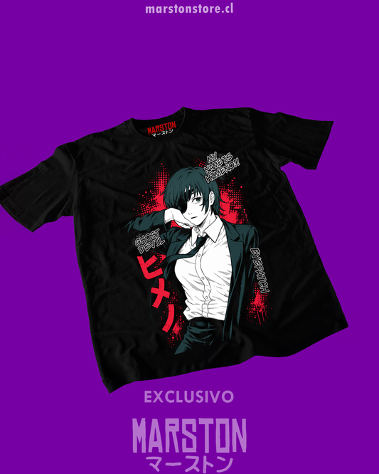 Polera negra Chainsaw Man con diseño de Himeno
