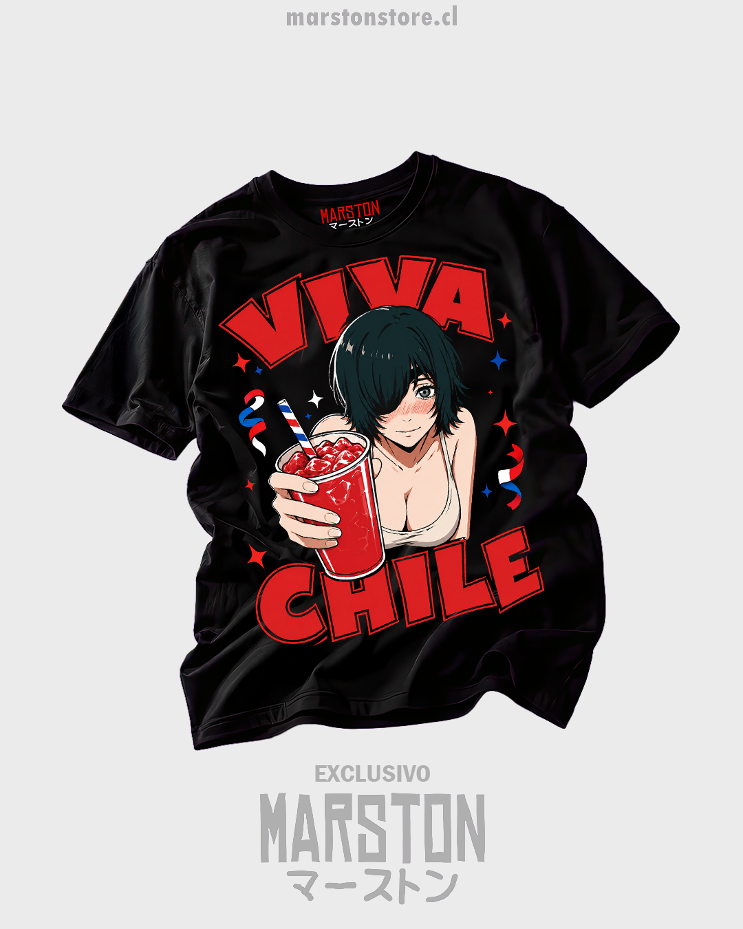 Polera negra Chainsaw Man Himeno Viva Chile fiestas patrias 18 de septiembre