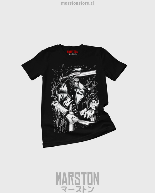 Polera negra Chainsaw Man con diseño de Katana Man