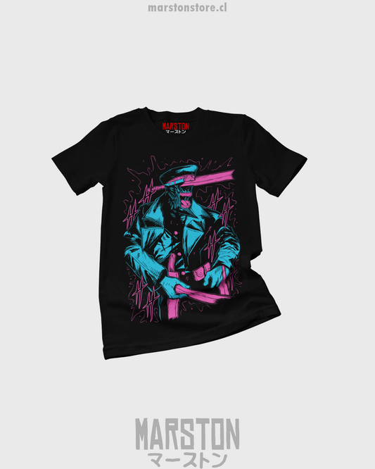 Polera negra Chainsaw Man con diseño de Katana Man