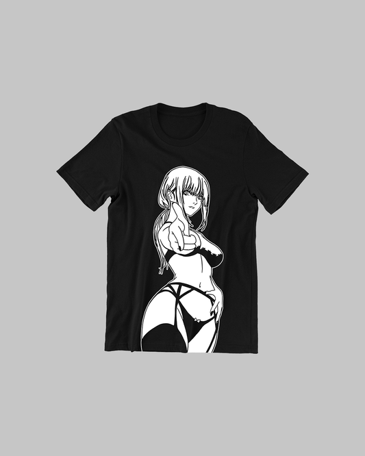 Polera blanca Chainsaw Man con diseño de Makima