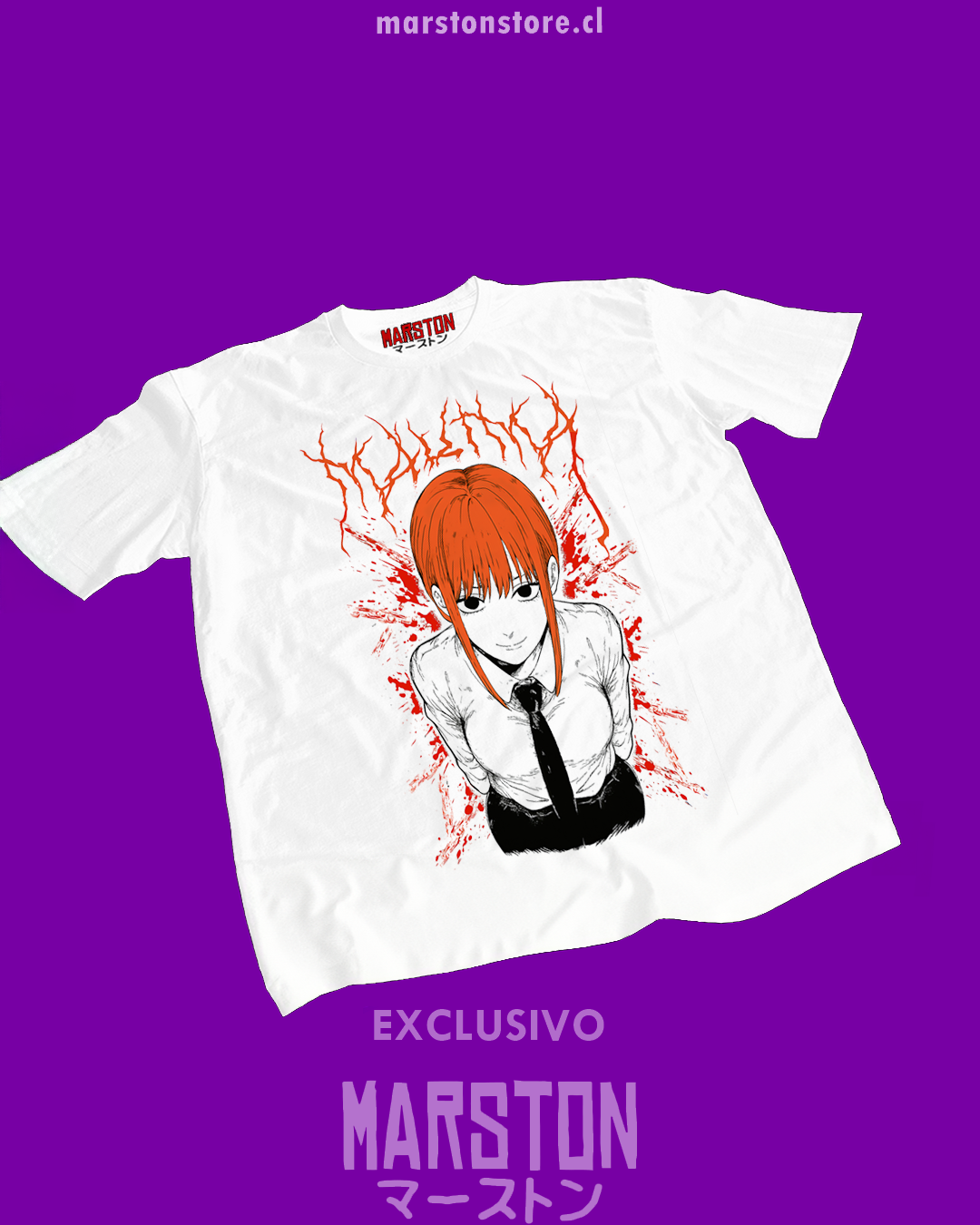 Polera blanca Chainsaw Man con diseño de Makima