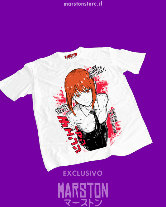 Polera blanca Chainsaw Man con diseño de Makima