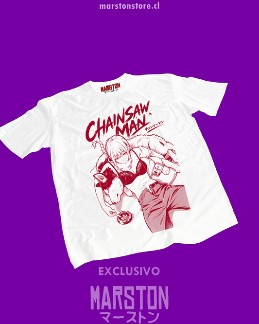 Polera blanca Chainsaw Man con diseño de Makima