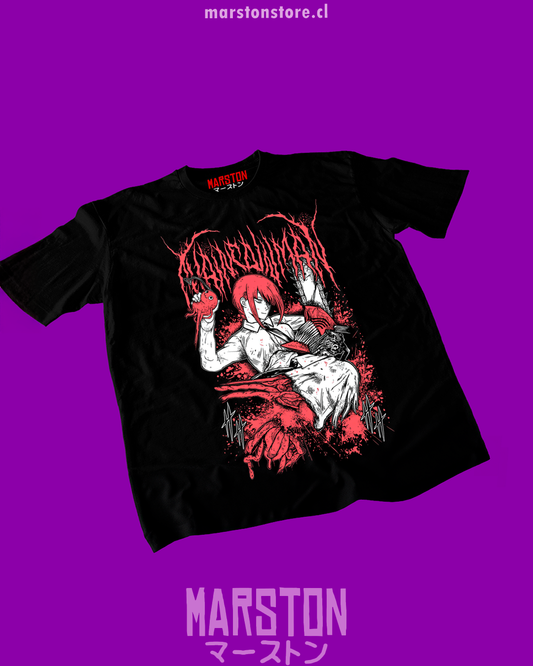 Polera negra Chainsaw Man con Makima y Denji