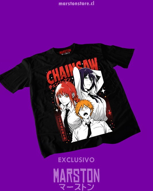 Polera negra Chainsaw Man con Makima, Denji y Reze