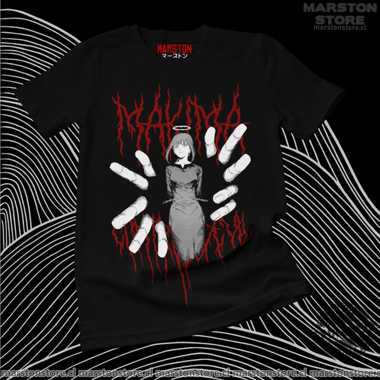 Polera negra Chainsaw Man con diseño de Makima