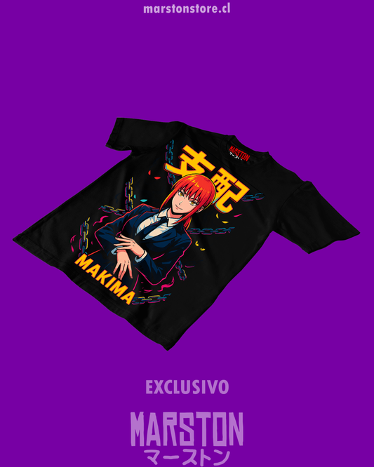 Polera negra Chainsaw Man con diseño de Makima