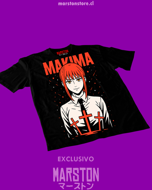 Polera negra Chainsaw Man con diseño de Makima