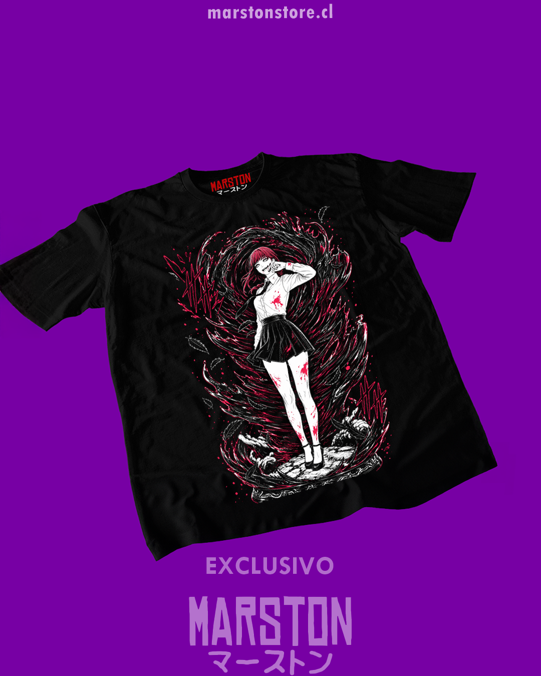 Polera negra Chainsaw Man con diseño de Makima