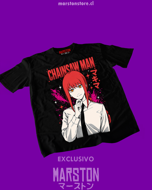 Polera negra Chainsaw Man con diseño de Makima