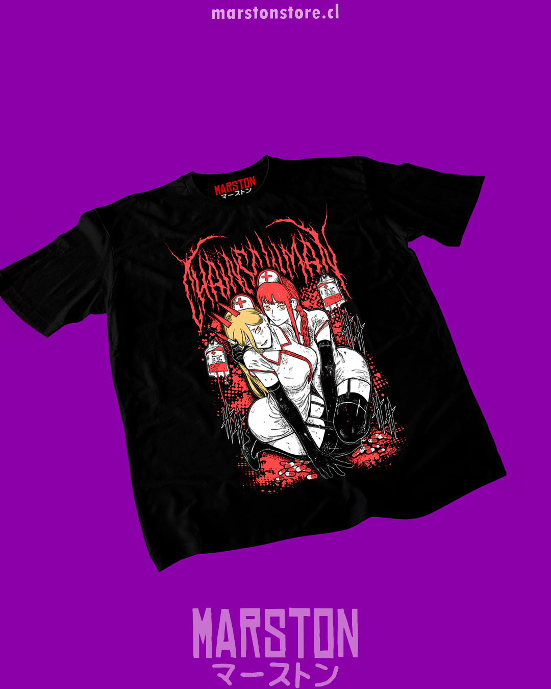Polera negra Chainsaw Man con Makima y Power