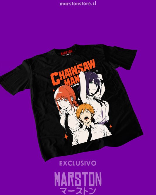 Polera negra Chainsaw Man con Makima, Reze y Denji