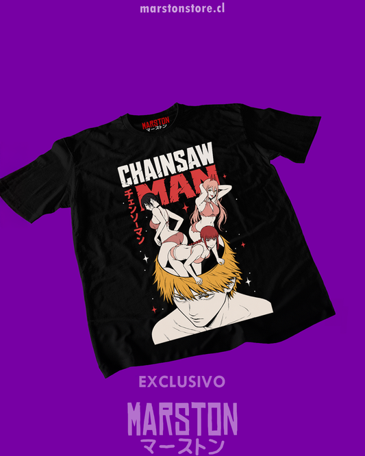 Polera negra Chainsaw Man con Makima, Reze, Denji y Power
