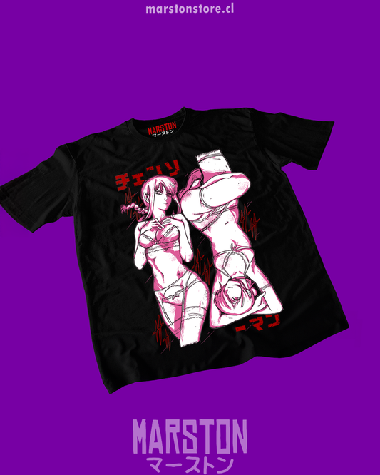 Polera negra Chainsaw Man con Makima y Reze