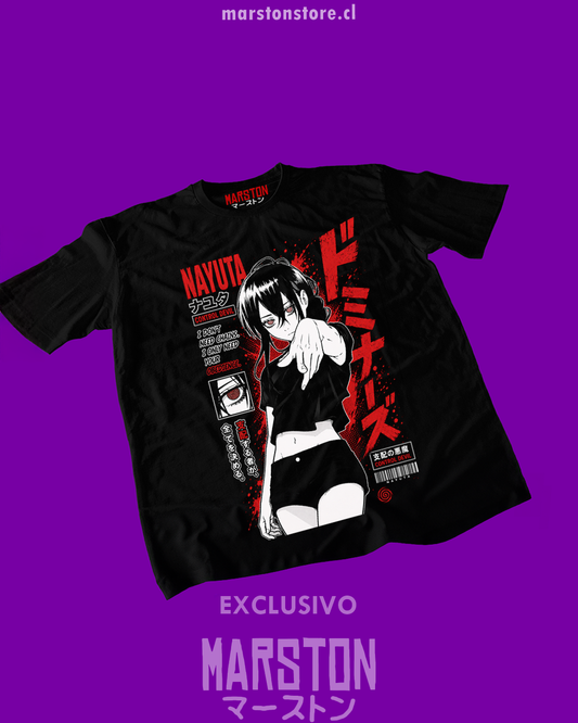 Polera negra Chainsaw Man con diseño de Nayuta