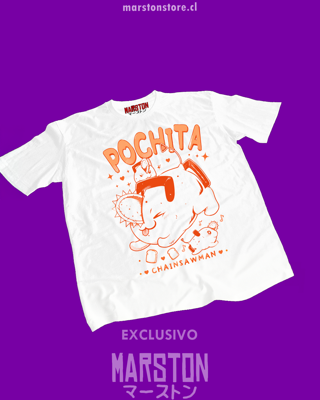 Polera blanca Chainsaw Man con diseño de Pochita