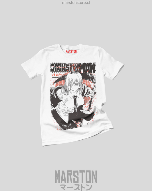 Polera blanca Chainsaw Man con diseño de Power