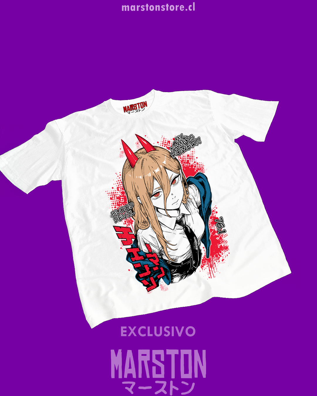 Polera blanca Chainsaw Man con diseño de Power