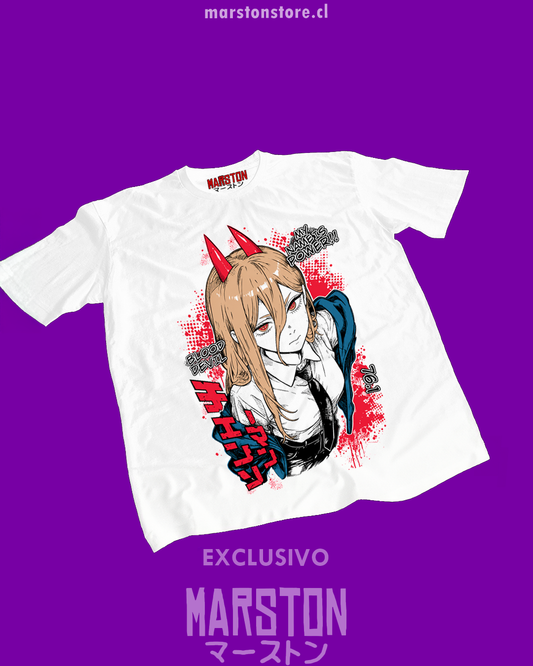 Polera blanca Chainsaw Man con diseño de Power