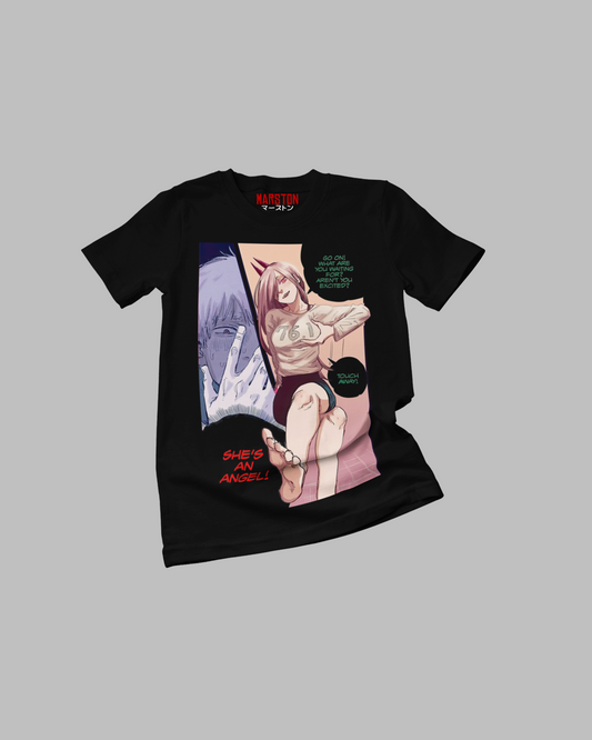 Polera negra Chainsaw Man con Power y Denji