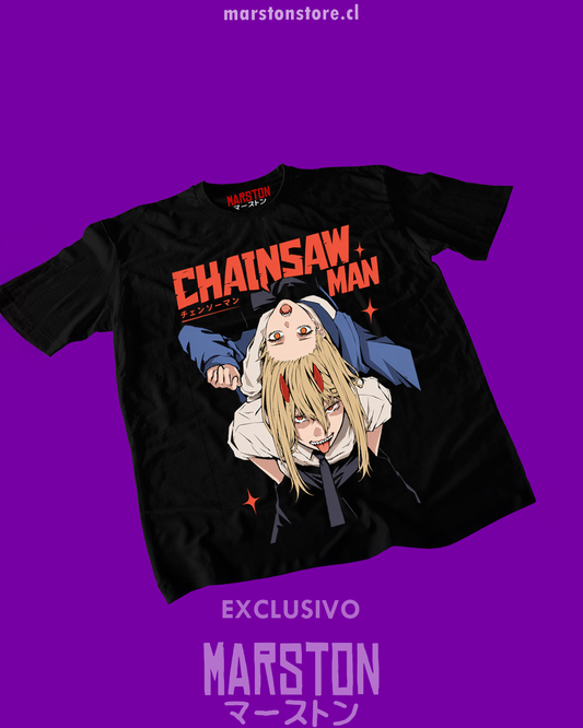 Polera negra Chainsaw Man con Power y Denji