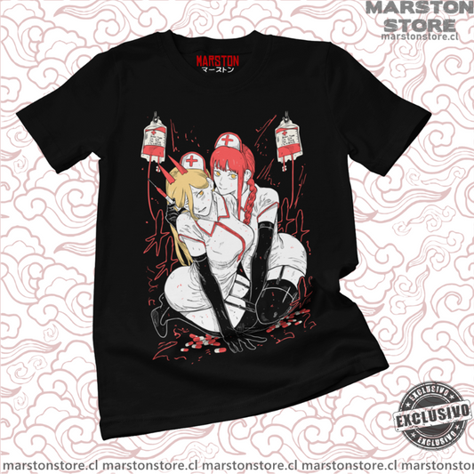 Polera negra Chainsaw Man con Power y Makima