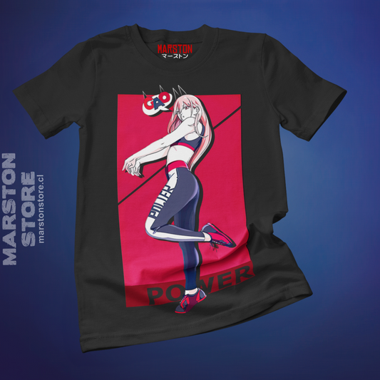 Polera negra Chainsaw Man con diseño de Power