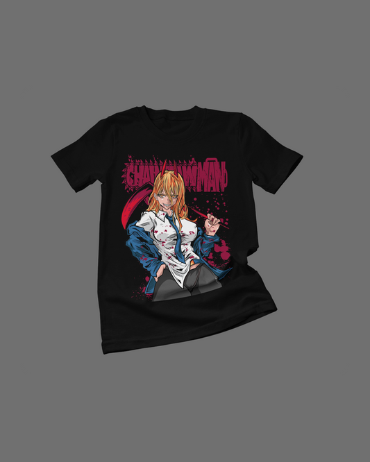 Polera negra Chainsaw Man con diseño de Power