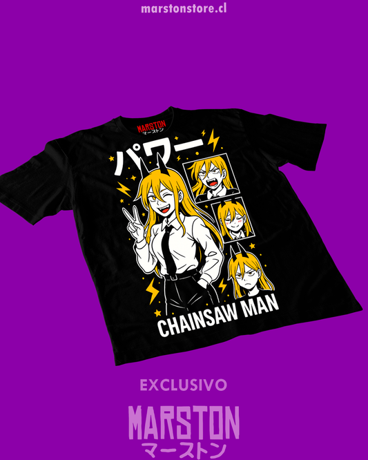 Polera negra Chainsaw Man con diseño de Power