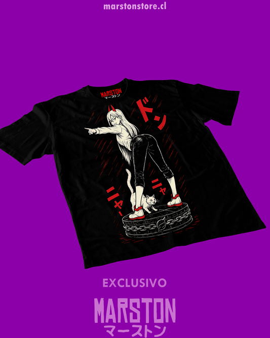 Polera negra Chainsaw Man con diseño de Power