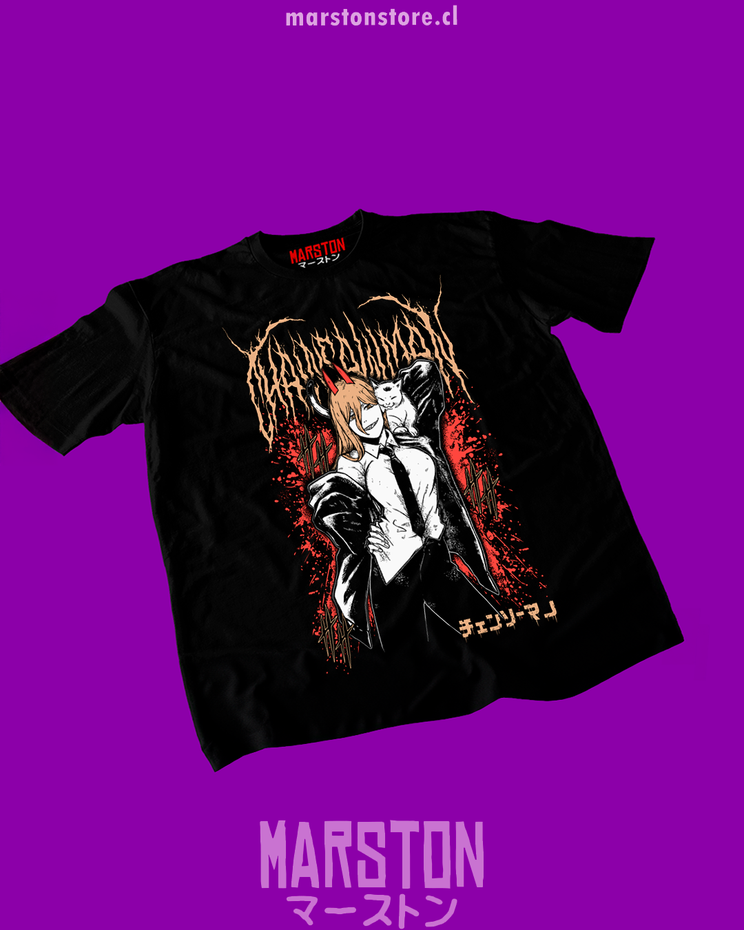 Polera negra Chainsaw Man con diseño de Power