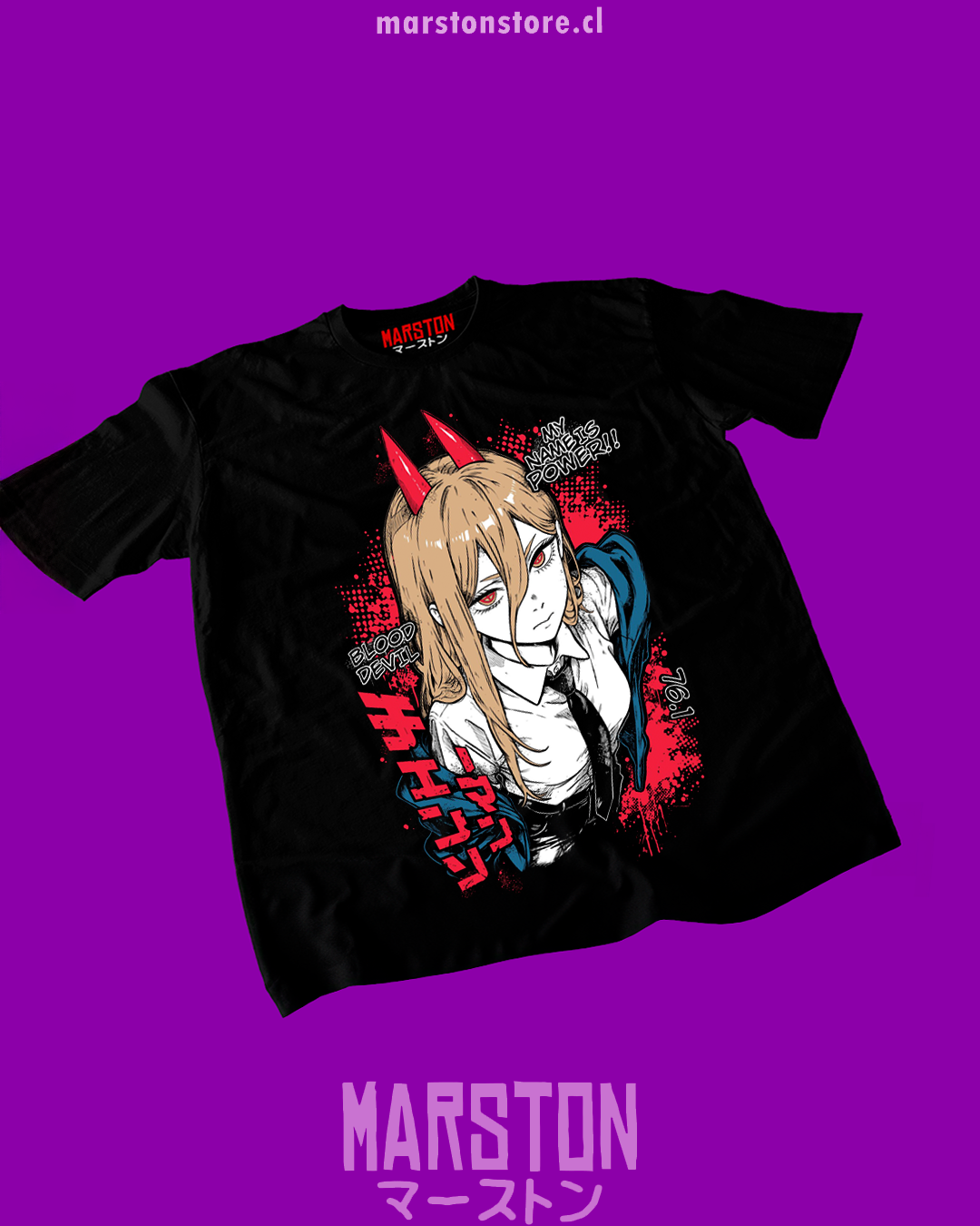 Polera negra Chainsaw Man con diseño de Power