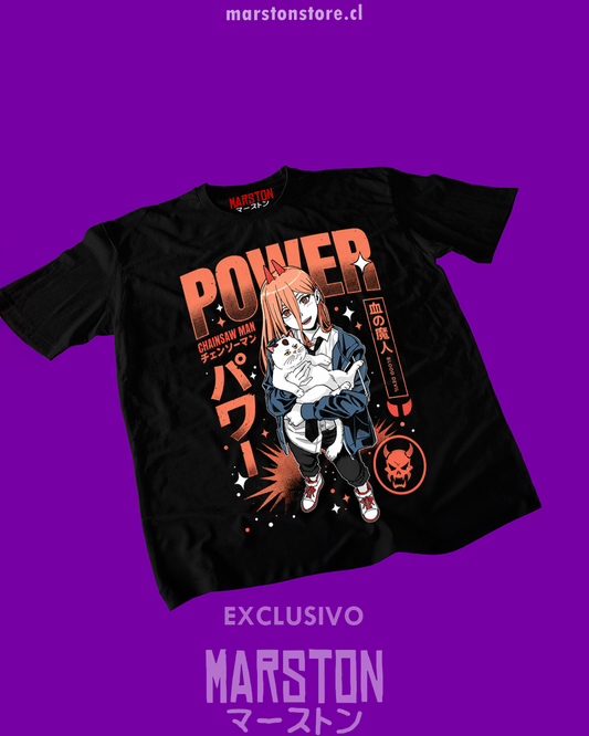 Polera negra Chainsaw Man con diseño de Power