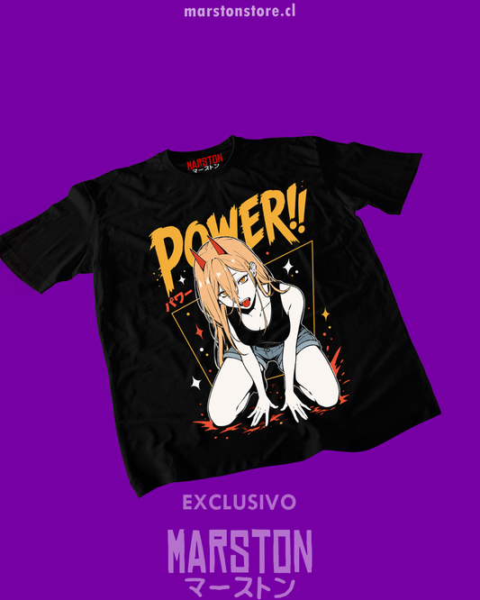 Polera negra Chainsaw Man con diseño de Power