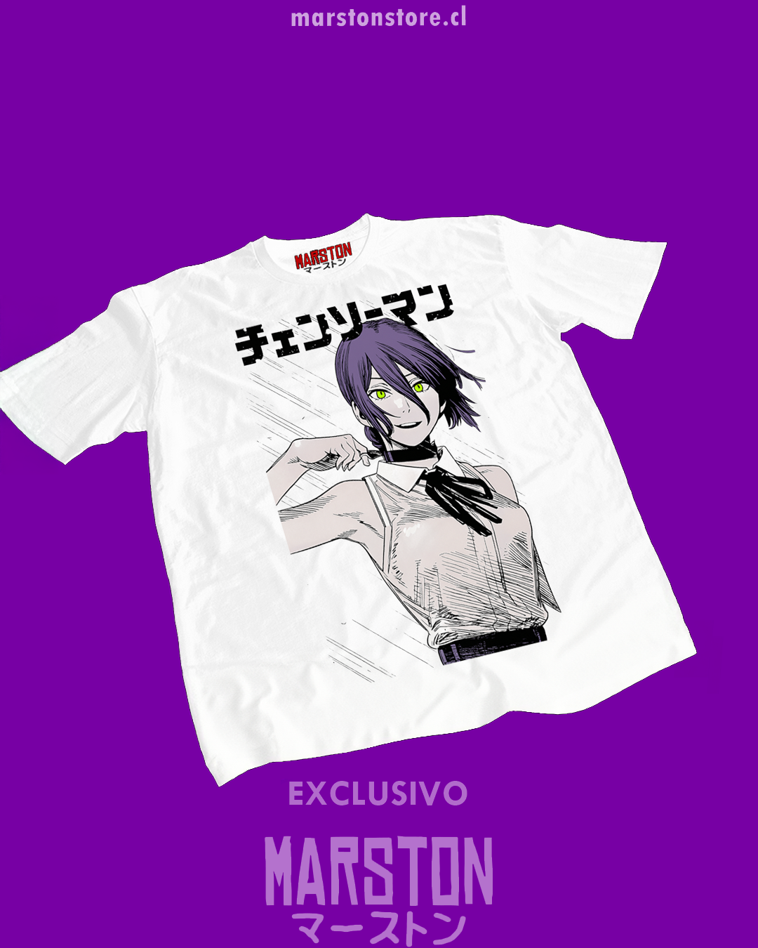 Polera blanca Chainsaw Man con diseño de Reze