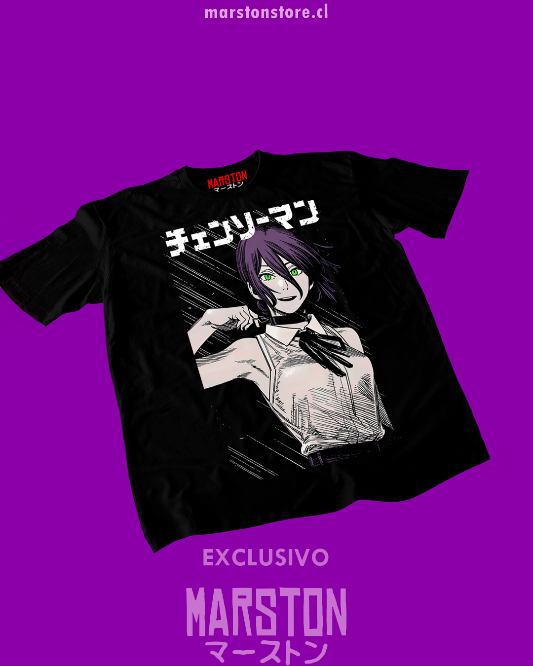 Polera negra Chainsaw Man con diseño de Reze