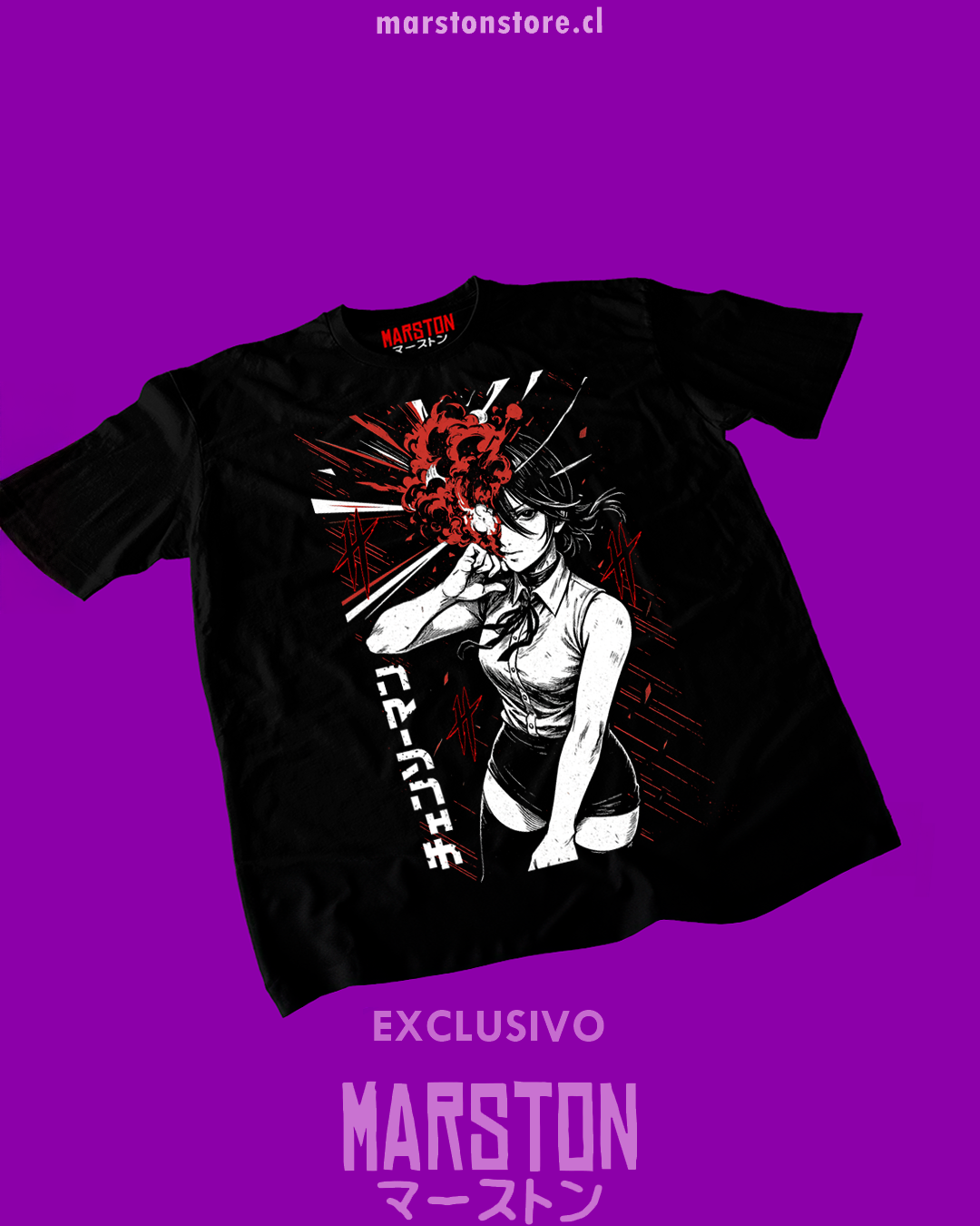 Polera negra Chainsaw Man con diseño de Reze