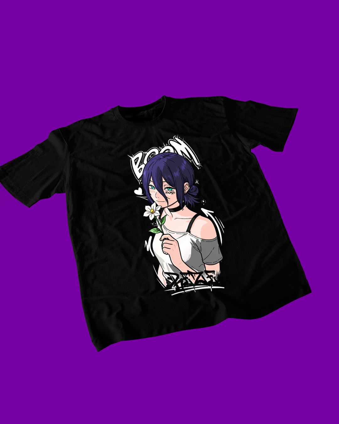 Polera negra Chainsaw Man con diseño de Reze
