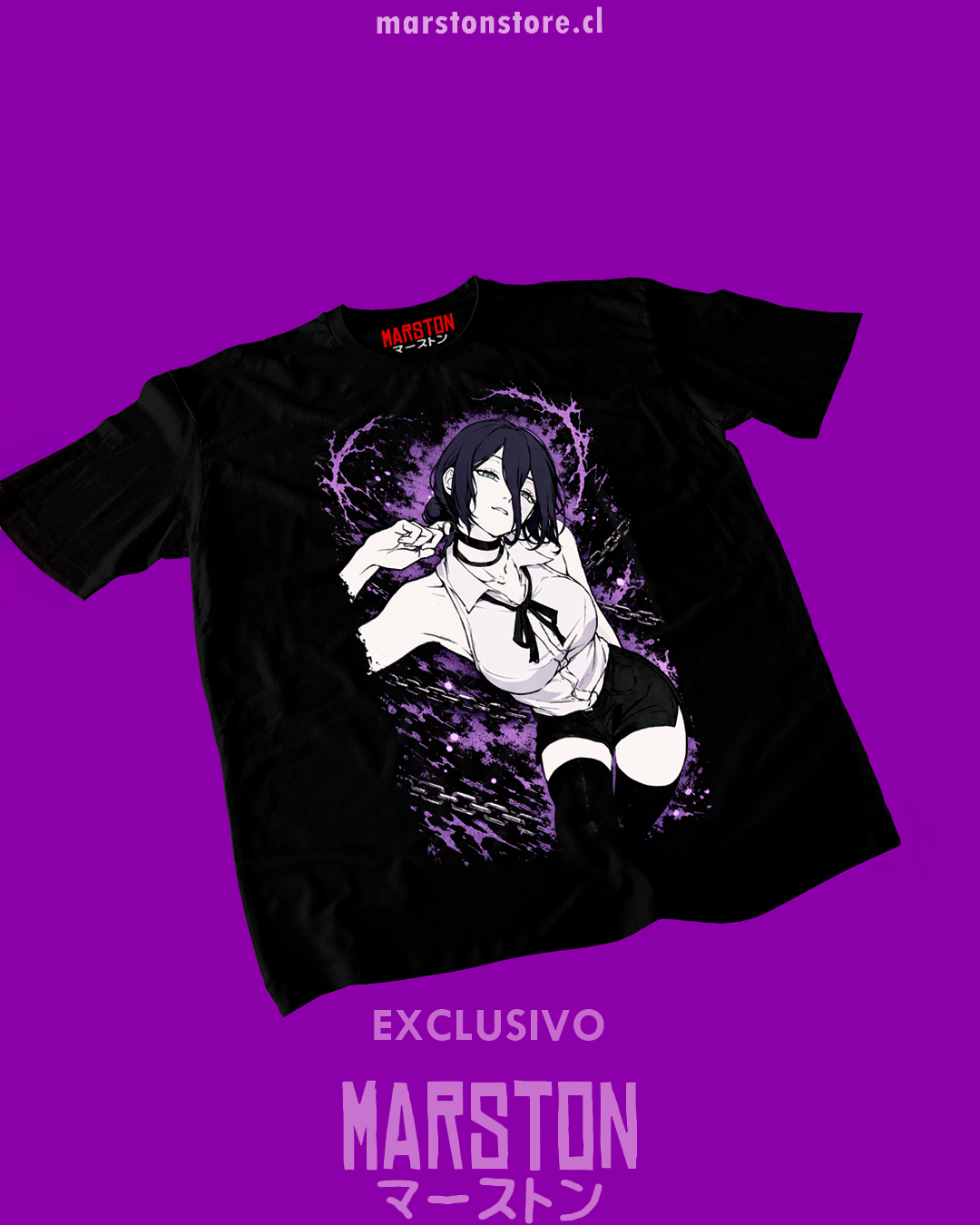 Polera negra Chainsaw Man con diseño de Reze