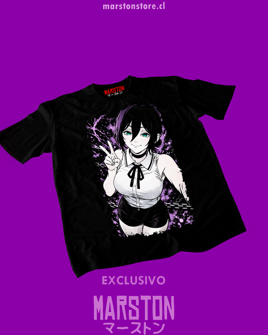 Polera negra Chainsaw Man con diseño de Reze