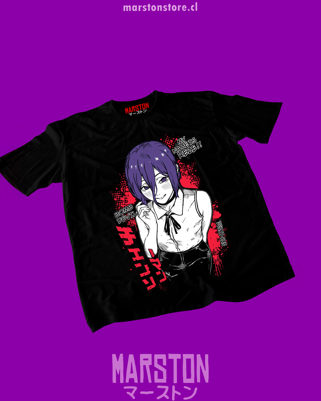 Polera negra Chainsaw Man con diseño de Reze