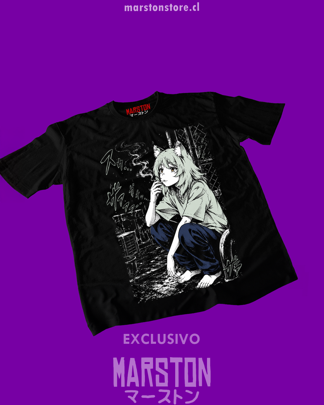 Polera negra Chainsmoker Cat con diseño de Aruko Sakai
