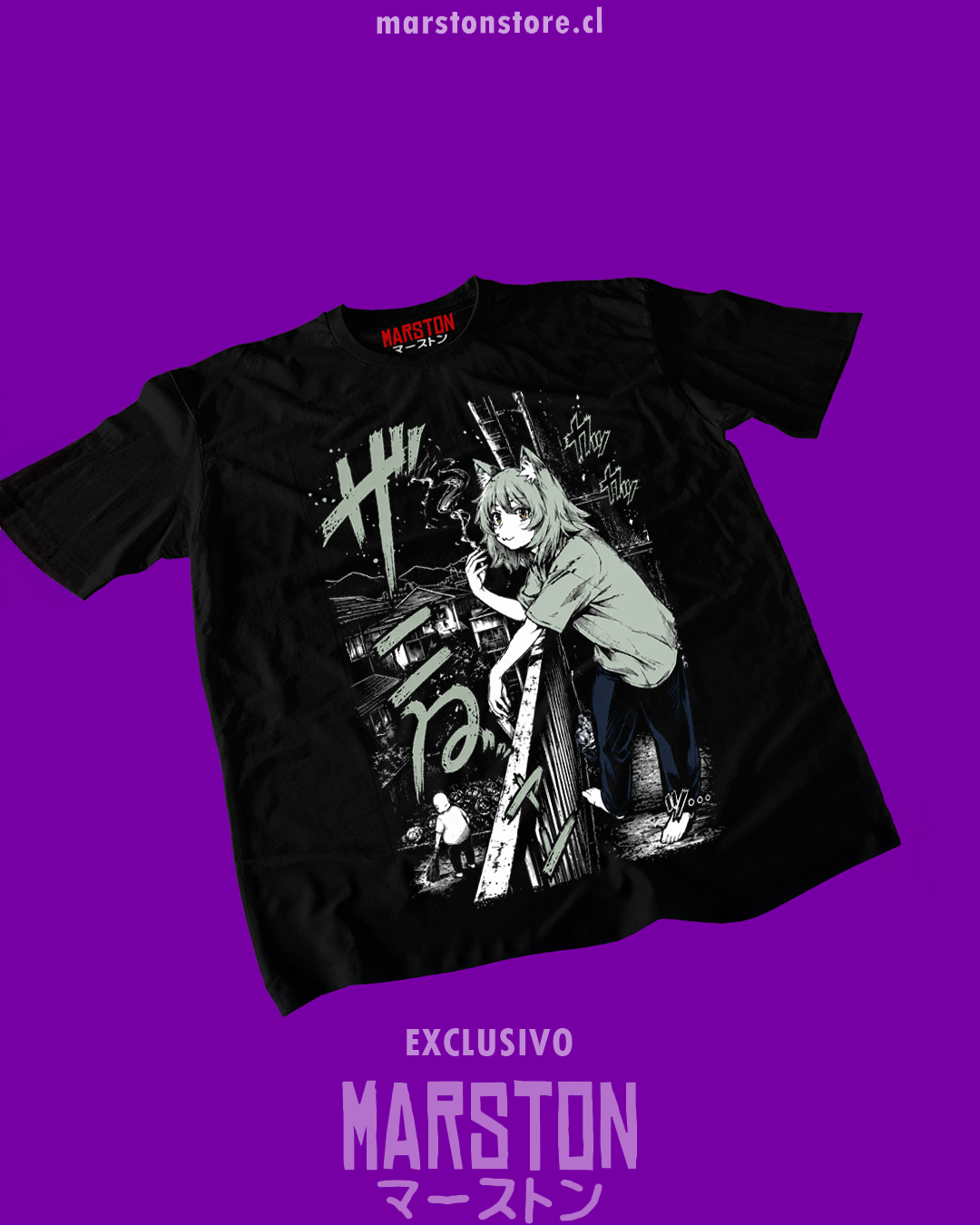 Polera negra Chainsmoker Cat con diseño de Aruko Sakai