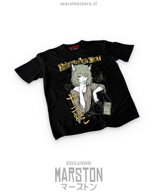 Polera negra Chainsmoker Cat con diseño de Aruko Sakai